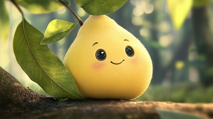 Poster - Adorable cartoon quince with a shy smile, hiding behind a leaf.