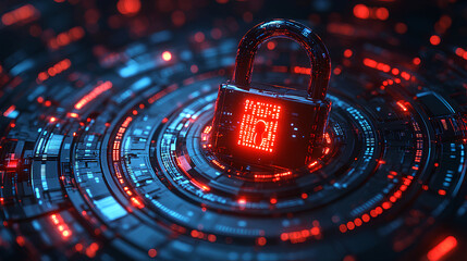 A digital padlock illustration with binary code and futuristic circles on a blue, concept of cybersecurity