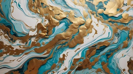 Textured backdrop of abstract marble. Contemporary wallpaper with fluid art. Surfaces in turquoise and marbe gold. AIS