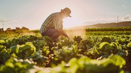 Wall Mural - A broad shot of a farmer harvesting organic vegetables in a sunlit field, capturing the essence of sustainable agriculture. 