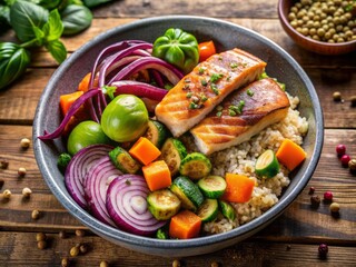 Wall Mural - Freshly prepared healthy bowl filled with grilled salmon, cooked quinoa, and an assortment of roasted vegetables, including Brussels sprouts, sweet potatoes, and red onions.