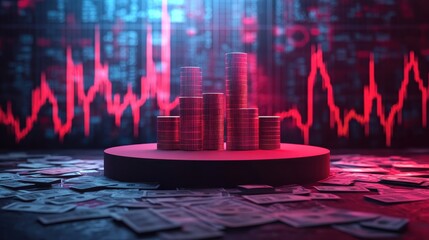 Wall Mural - A pile of money and coins on a table with a red background