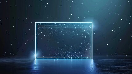 A glass rectangle frame with glowing light blue and white lights on dark background vector presentation design illustration, minimalism, simple shapes