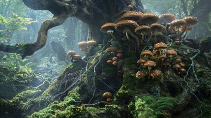 2. Detailed illustration of forest mushrooms emerging from the moss-covered ground, intertwined with ancient tree roots, showcasing the serene and organic forest scene