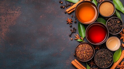 An assortment of aromatic spices and herbs in bowls on a textured background, perfect for culinary themes and food photography.