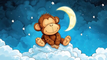 Poster - A whimsical baby monkey drifts into dreams, cradled by soft clouds and twinkling stars in a soothing watercolor scene.