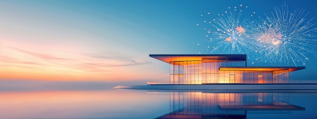 Poster - Fireworks reflecting in a modern glass building, fireworks, architecture