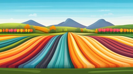 Wall Mural - Discover the vibrant colors of tulip fields in North Holland, captured in a unique cartoon illustration. A floral paradise awaits