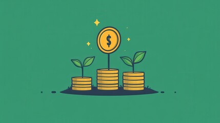 Wall Mural - A green background with three stacks of coins and a dollar sign