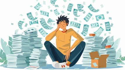 Wall Mural - A man sits on the floor surrounded by stacks of money