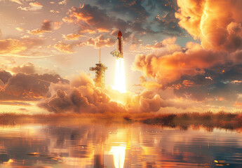 Wall Mural - A rocket taking off, with the rising sun reflecting on water in front of it