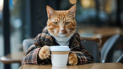 Wall Mural - Cat in clothes in business holding a coffee cup