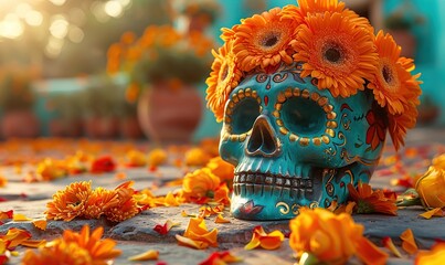 day of the dead poster design with sugar skull,flowers on stone table dia de los muertos mexican holiday celebration.