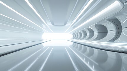 Poster - A futuristic 3D room with smooth, reflective surfaces and a neutral color scheme, providing extensive copy space for visual elements