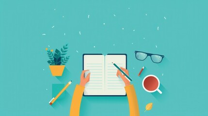 Poster - Ideation: Planning, person making a detailed plan, flat design illustration