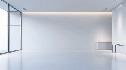 Poster - A modern 3D-rendered room with clean surfaces and soft lighting, designed with ample copy space for various applications