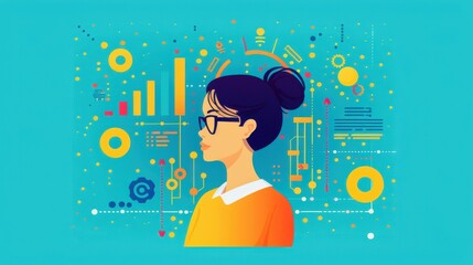 Poster - induction, person drawing conclusions from data, flat design illustration