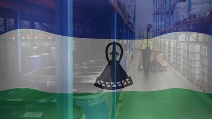 Poster - Walking between shelves, warehouse worker with Lesotho flag animation in background