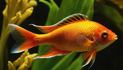 A vibrant orange fish with black and white fins swims in an aquarium.