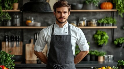 Man wearing beige linen apron mock up in the modern kitchen, chef uniform for cooking