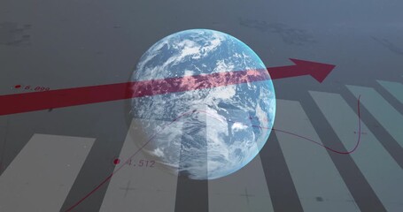 Poster - Rotating Earth with red arrow and bar chart animation showing global data trends