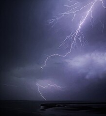 Intense lightning bolt strike caused by thunderstorm over North Atlantic ocean.