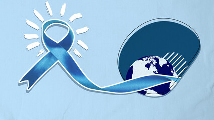 Wall Mural - A blue ribbon is wrapped around a globe, symbolizing the importance of awareness