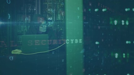 Poster - Cybersecurity threat detection animation over person using laptop in dark room