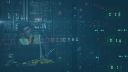 Poster - Cybersecurity terms animation over worker using laptop in industrial setting