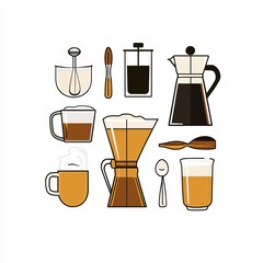 240805 145. A simple vector icon illustration depicting the group of coffee serving accessories with cold brew preparation tools at center for a website isolated white background