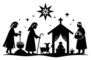 Nativity Scene black Silhouettes,Nativity scene silhouette Jesus in manger, shepherd and wise men. Christmas story Mary Joseph and baby Jesus in nursery. silhouette nativity scene night