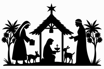 Wall Mural - Nativity Scene black Silhouettes,Nativity scene silhouette Jesus in manger, shepherd and wise men. Christmas story Mary Joseph and baby Jesus in nursery. silhouette nativity scene night