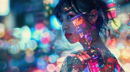 A woman gazes thoughtfully in a bustling city, surrounded by neon lights and reflections