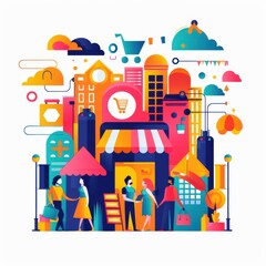 Wall Mural - Online marketplace, diverse products and vendors, flat design illustration