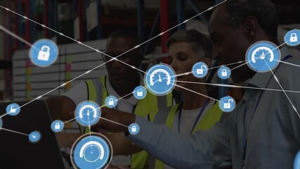 Poster - Monitoring network security and performance, animation over warehouse workers collaborating