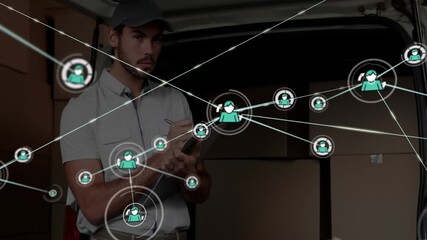 Poster - Delivery person writing on clipboard, network connections animation over background