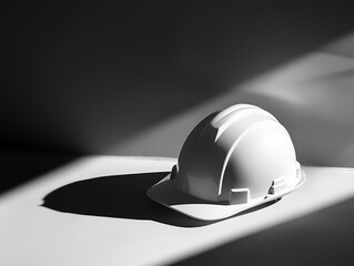 A white hard hat is sitting on a table in the sunlight. The hat is a symbol of safety and protection, and the sunlight shining on it emphasizes its importance