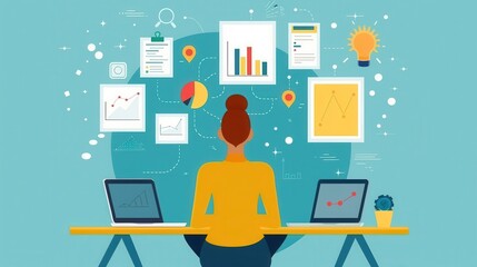 Poster - Problem-solving: Analysis, Resolution, Strategy, Solution, Critical thinking, person analyzing data with charts, flat design illustration