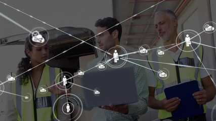 Poster - Using laptop, diverse workers with network connections and data processing animation