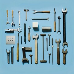 A collection of tools, including wrenches, hammers, and screwdrivers, are arranged in a grid on a blue background. Concept of organization and order