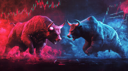 bull and bear fighting each other aggressively and show trading graph in the background and show background using scarlet color and Dark Cornflower Blue color hues