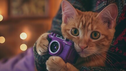 Wall Mural - Close up of a cat in clothes looking into a purple camera