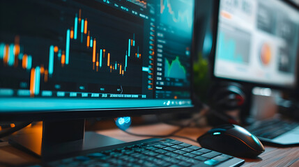 Poster - Businessman planning invest project target indicator computer mouse keyboard rising graph background. Business analyze profit company financial investment data calculate virtual digital screen concept