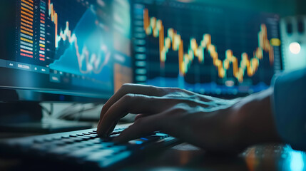 Poster - Businessman planning invest project target indicator computer mouse keyboard rising graph background. Business analyze profit company financial investment data calculate virtual digital screen concept