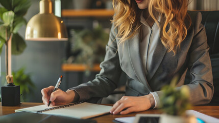 Poster - Businesswoman at the desk with notebook in her office.