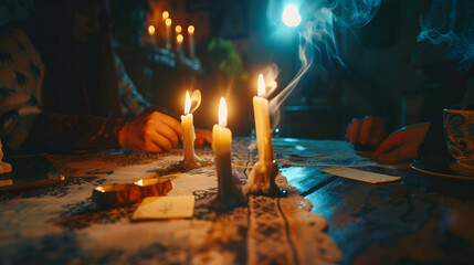 Poster - Candlelit seance with a psychic medium spirit board whispers and a ghostly apparition flickers into view