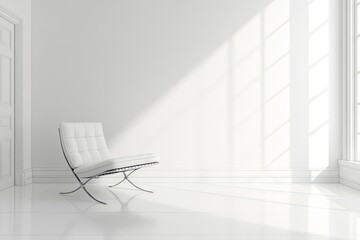 Poster - Modern white chair in bright minimalist room with large windows casting shadows during the day. Generative AI
