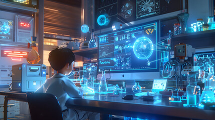Poster - Design a 3D animated scene of a child scientist deeply engaged in experimentation, surrounded by interactive floating digital HUD projections in a vividly detailed laboratory environment