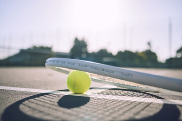 Sticker - Sports court, tennis and ball with racket on floor for tournament match, game and competition. Background, closeup and equipment for fitness, exercise and training for practice, event or challenge