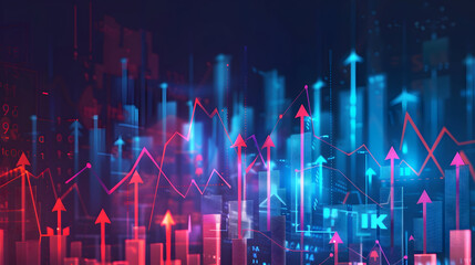 Poster - Futuristic raise arrow chart digital transformation abstract technology background. Big data and business growth currency stock and investment economy. Vector illustration